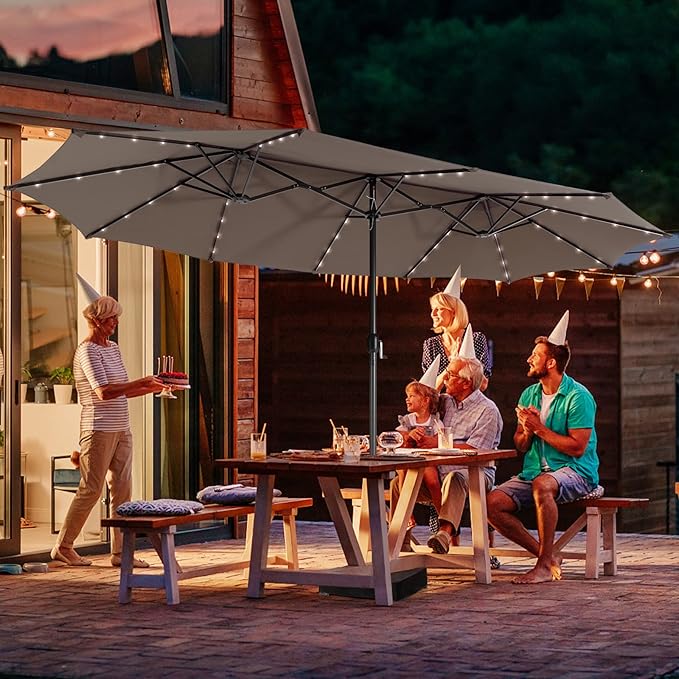 Giantex Large Outdoor Umbrella Double-Sided, 48 Solar Lights, Auto-Charging Solar Panel, Extra Large Patio Umbrella with Base and Crank, Outdoor Market Umbrellas for Poolside Garden