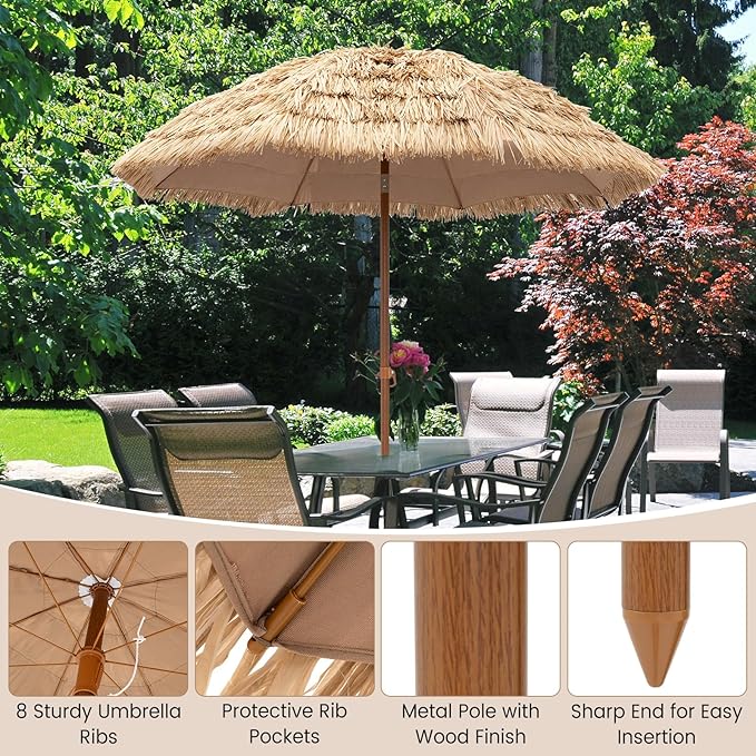 Tangkula 7.2Ft Tiki Patio Umbrella, Hawaiian Style Outdoor PE Grass Umbrella with Tilt Adjustment, 8 Ribs, Portable Thatched Beach Umbrella for Garden, Yard, Poolside