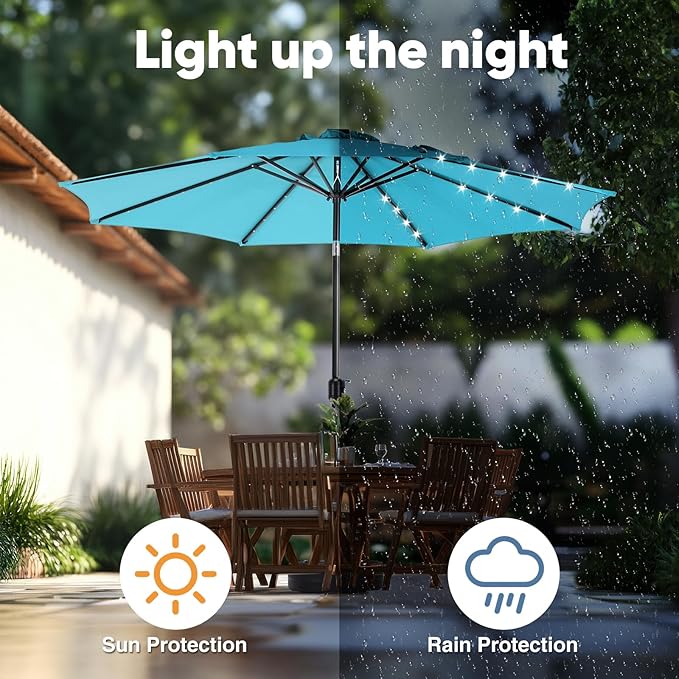 DUMOS LED Outdoor Patio Umbrella 10 FT UV-Resistant Market Umbrella with Tilt Adjustment & Crank Lift, All-Weather Shade for Backyard, Deck, Garden, Beach