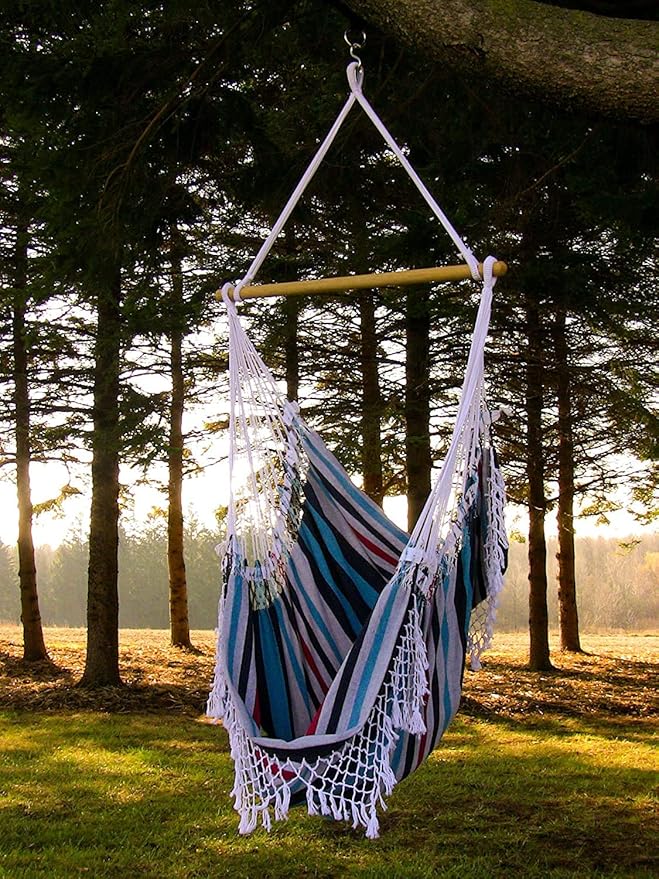 Vivere Cotton Hammock Chair with Hardwood Spreader Bar - 250 lb Capacity (Denim)