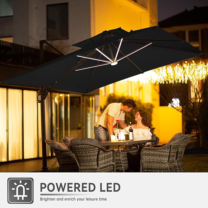 9 X 12 FT Cantilever Outdoor Patio Umbrella with Base Included Large Heavy Duty 360° Rotation Double Top Offset Rectangular Umbrellas with LED Lights for Backyard Outside Deck, Black