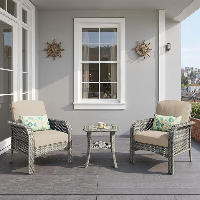 3 PCS Outdoor Patio Furniture Set with Side Table, All-Weather Rattan Wicker Outdoor Conversation Set with Thickened Cushions for Balcony Backyard Garden Lawn,Beige