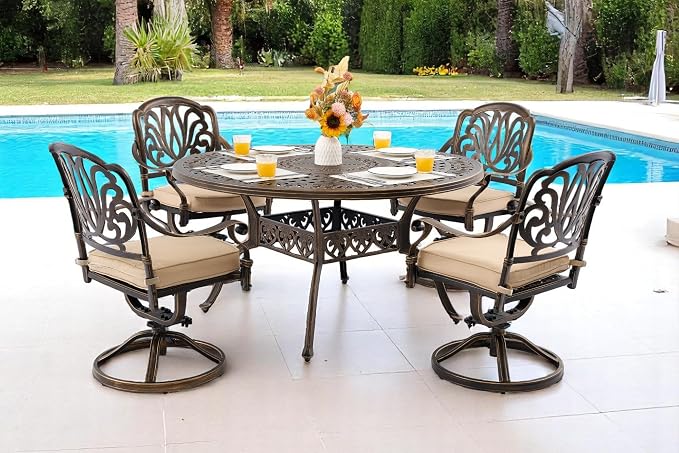 Outdoor Dining Set Cast Aluminum Retro Patio Dining Set with Thicker Cushion and Umbrella Hole for Patio Deck (Bronze Swivel Chair(Elizabeth), 5 Pcs(54" Round Table))