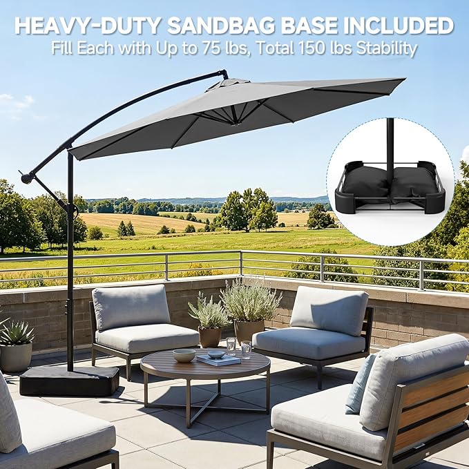 SUNYRISY 10ft Outdoor Patio Umbrella with Base Included, Large Cantilever Offset Umbrella with Sandbag Base Included for Deck, Pool, Porch, and Backyard Shade, Easy to Tilt and Crank