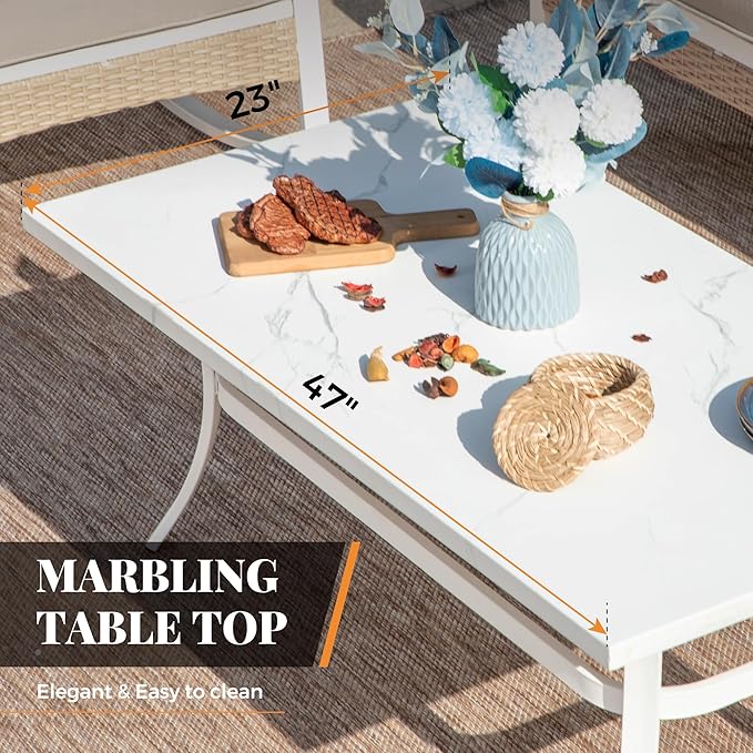 5 Piece Patio Furniture Set, 2 x Swivel Chair, 1 x 2-Seat Sofa, 1 x 3-Seat Sofa with Marbling Coffee Table, All Cushioned 7 Seats Outdoor Conversation Set for Lawn Garden Backyard, Beige