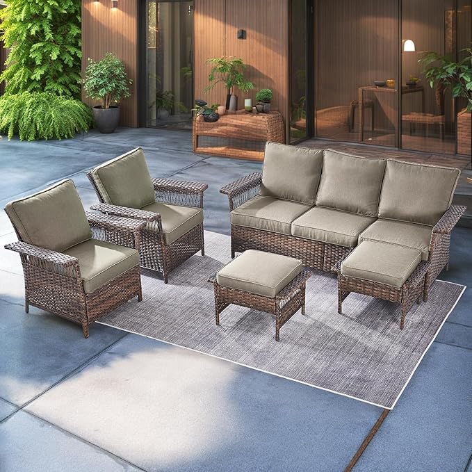 Outdoor Wicker Patio Furniture Set - 5 Piece Rattan Patio Conversation Sets with 2 Wicker Chairs,2 Ottomans and 1 Sofa for Porch Deck Garden(Brown/Grey)