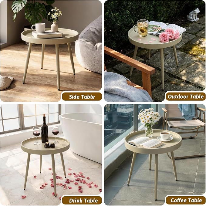 Small Outdoor Side Table - Round Metal End Table with PP Desktop & Anti-Fall Fence - Mini Coffee Table for Small Spaces - Patio, Porch, Living Room- Camel