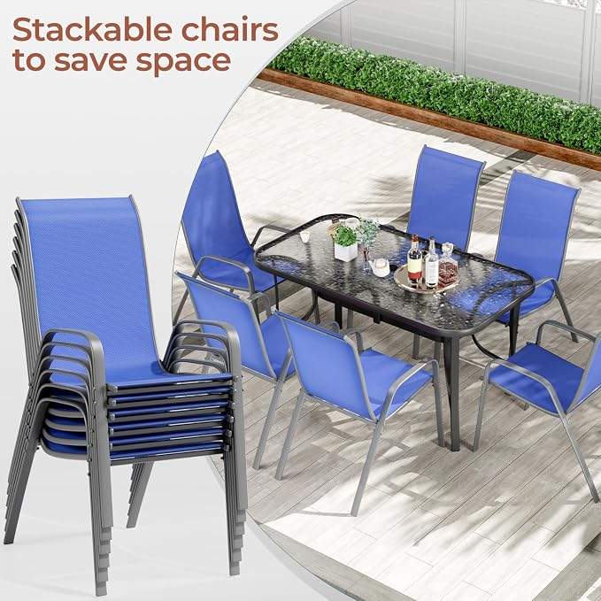 TLSUNNY Patio Dining Set for 6, Outdoor Table and Chairs W/1.69″ Umbrella Hole, 30"X 55" Table and Stackable Textilene Chair, All Weather Patio Furniture Set (Black Table & Navy Blue Chair)