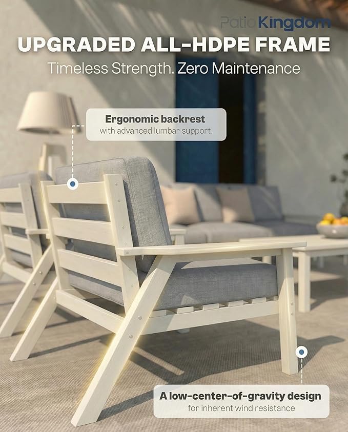 Patio Furniture Set with Washable Thick Gray Cushions, HDPE Outdoor Couch, All-Weather Outdoor Sectional Furniture, Patio Conversation Sets for Lawn, Garden, Porch (White Frame)