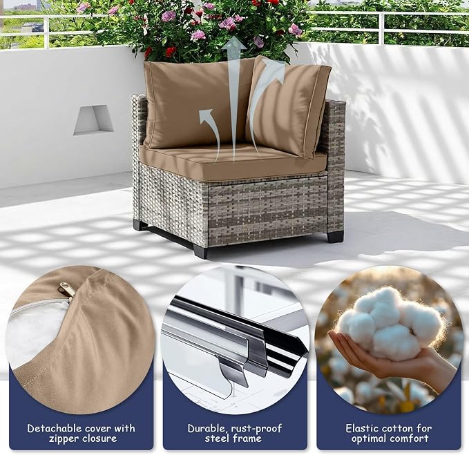 5-Piece Outdoor Patio Furniture Set, Gray PE Rattan Sectional Sofa with Dark Khaki Cushions and Steel Frame, Coffee Table Included, Modular Outdoor Conversation Set for Patio Garden Poolside