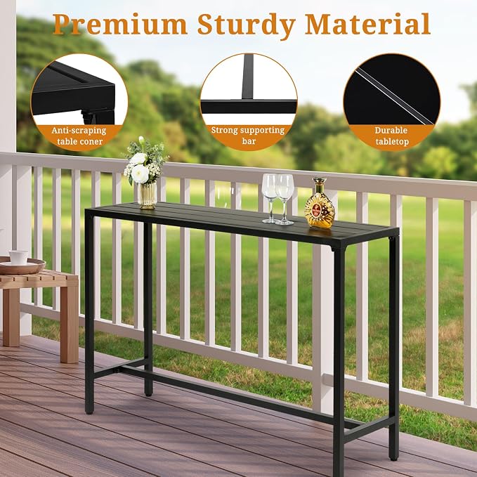 55in Patio Bar Tables,Outdoor Rectangle Narrow Counter Height Table,Metal Bar Height Tables,Indoor Bistro Cocktail Table,with Adjustable Feet,for Patio Garden Deck Yard Poolside Balcony (Black)
