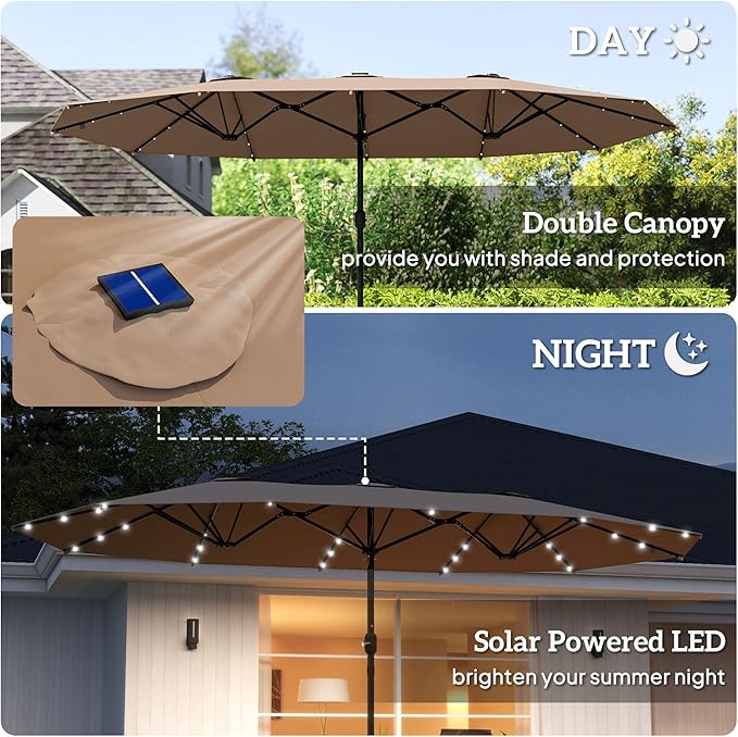 Outsunny 14.4ft Large Patio Umbrella with 36 Solar LED Lights, Double Sided Outdoor Umbrella with Base Included