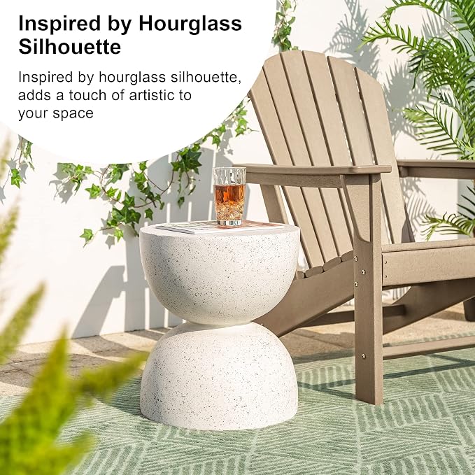 Glitzhome Outdoor Side Table, Round Accent End Table, Lightweight Hourglass Faux Terrazzo Decorative Garden Stool, 17.75" H White Planter Stand for Patio Porch Balcony Living Room