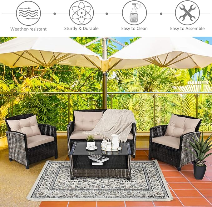 Tangkula 8-Piece Outdoor Rattan Furniture Set, PE Rattan Wicker Sectional Sofa with Loveseat Chair & Glass Table, Patio Cushioned Conversation Sets for Backyard Porch Garden Poolside (2, Brown)
