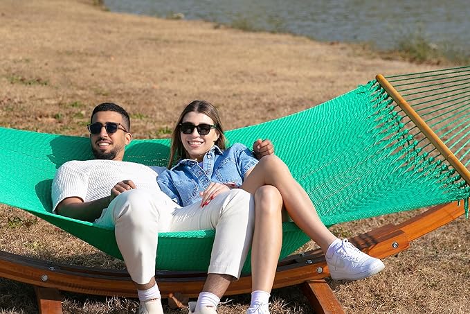 Classic Caribbean Hammock - Hand Woven with Wooden Spreader Bars, Sunlit Green Rope Net, 79 Inch Wide x 12 Ft Long, Double Person, Outdoor Garden Patio Backyard, Tropical Relaxation