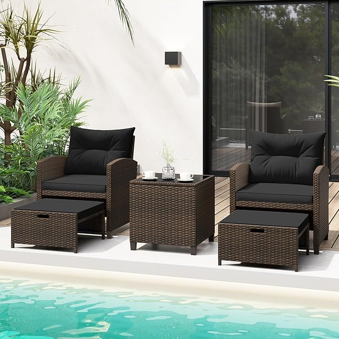 COSTWAY 5-Piece Rattan Conversation Set, Outdoor Sofa, Tempered Glass Coffee Table & Ottomans for Small Space, Boho Chic Indoor/Outdoor Furniture for Patio, Living Room & Apartment (Black)
