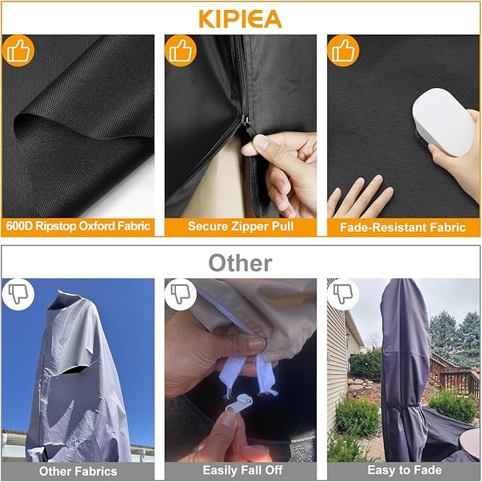 Kipiea Patio Umbrella Covers for 7-10' Market Umbrella, Upgraded 600D Heavy Duty Outdoor Umbrella Covers with Support Pole and Zipper