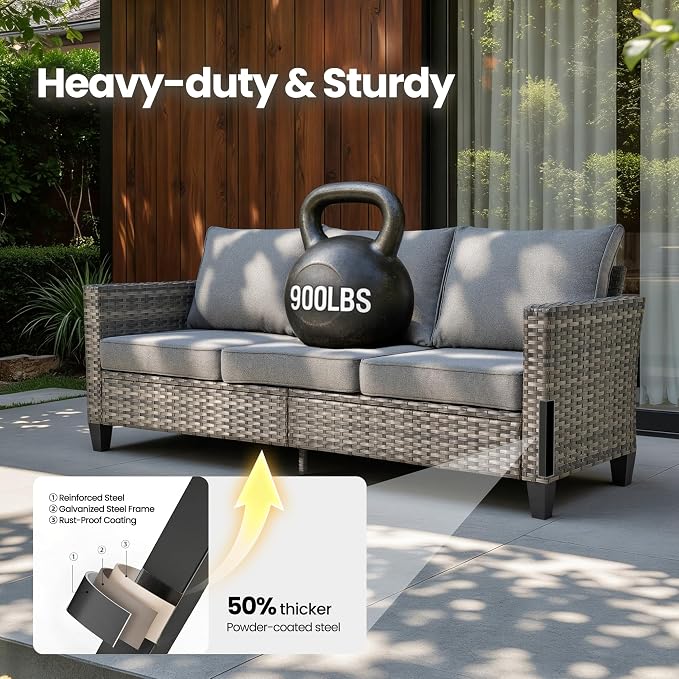 8 Piece Wicker Patio Furniture Set with Solar Table, Dark Gray | Outdoor Deep Seating Sofa Chair Ottoman, Solar Lights Table, All Weather Rattan, Modern Conversation Set, Porch Deck Backyard