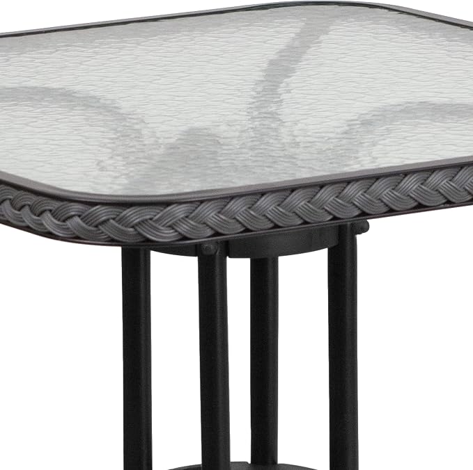 EMMA + OLIVER 28" Square Tempered Glass Metal Table with Gray Rattan Edge