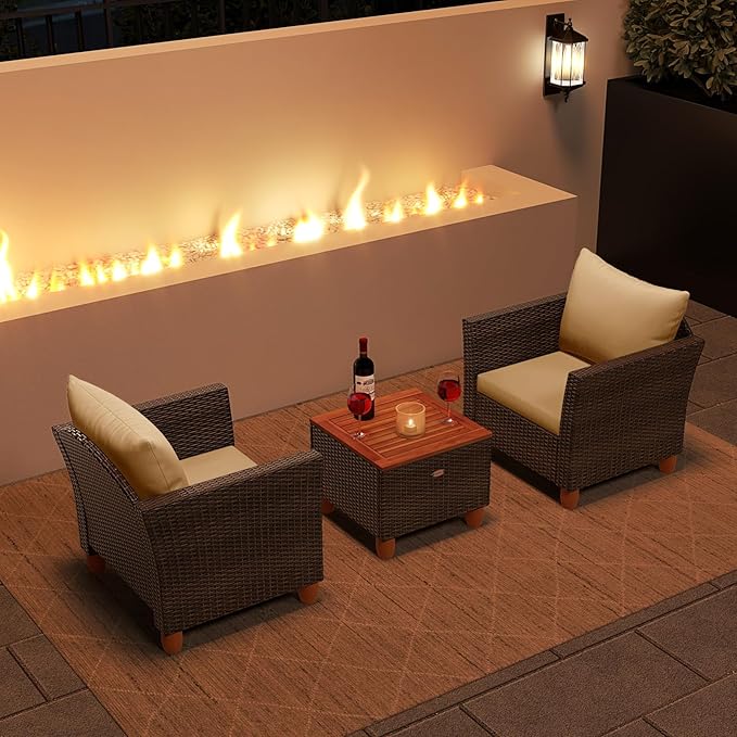 Tangkula 3 Piece Patio Furniture Set, Patiojoy Outdoor PE Wicker Bistro Set with Soft Cushions and Solid Acacia Wood, Outdoor Conversation Set with Porch, Balcony and Garden