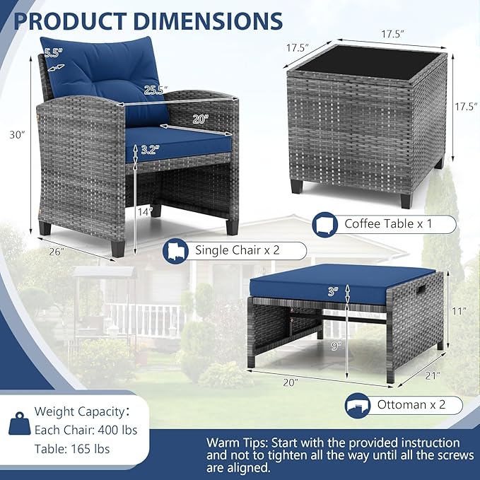 ORALNER 5 Pieces Patio Furniture Set with Ottoman, Wicker Conversation Set w/Cushions, Glass Coffee Table, Outdoor Lounger Rattan Chairs Bistro Set for Porch Balcony Garden Deck Poolside (Navy)