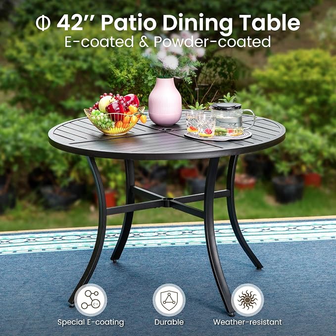 PHI VILLA 5pc Patio Dining Set with Umbrella, Round Table, Rattan Chairs | Includes 42" Round Metal Table, 4 Cushioned Rattan Chairs and 10ft Beige umbrella. Perfect for patio, deck, yard, or porch