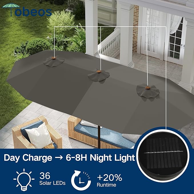 Large Patio Umbrella with Solar Lights and Base, Double-Sided Outdoor Rectangle Umbrella with 48 LED Lights, Market Table Umbrellas with UV Resistant Canopy