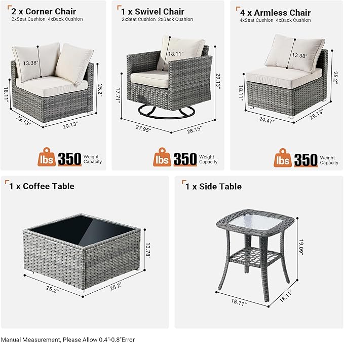 ovios Outdoor 9 Piece Coversation Set with Swivel Rocking Chair,Sectional Patio Furniture Set with All-Weather Wicker Sofa,Modern Outside Couch for Balcony Backyard Pool, Beige