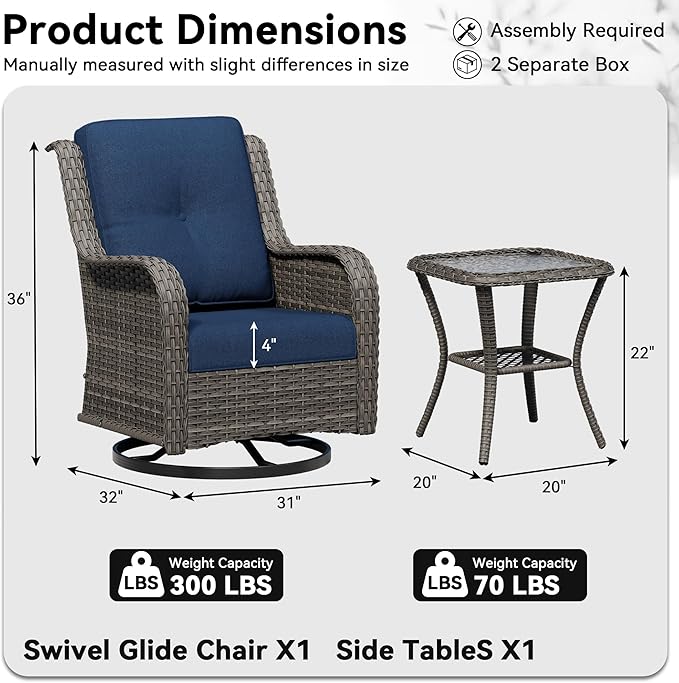 2 Pieces Outdoor Swivel Rocker Patio Chairs Set - Outdoor Wicker Patio Furniture Sets with 1 Side Table, Olefin Fabric Cushions Suitable for Backyard Deck and Porch, Blue