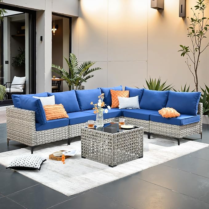 Outdoor Patio Furniture Sets,7 PCS Patio Conversation Set Outside Rattan Sectional Sofa with Coffee Table Fit Backyard Porch Garden Poolside Balcony