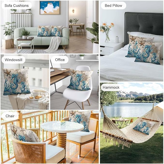 Nautical Coastal Outdoor Pillow Covers 24x24 Inch Throw Pillow Covers Set of 2 Waterproof Decorative Pillow Cases Retro Marine Life Seahorse Compass Map Beige Cushion Covers for Patio Furniture Garden