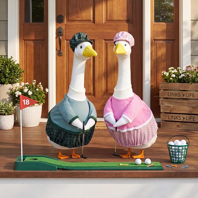 Abbylike 2 Set Golfer Porch Goose Outfit Teeing Off Golfer Goose Costume Clothes Fit 23" Lawn Geese Statue with Golf Clubs and Pins for Outdoor Yard Garden Patio Statue Art Decor