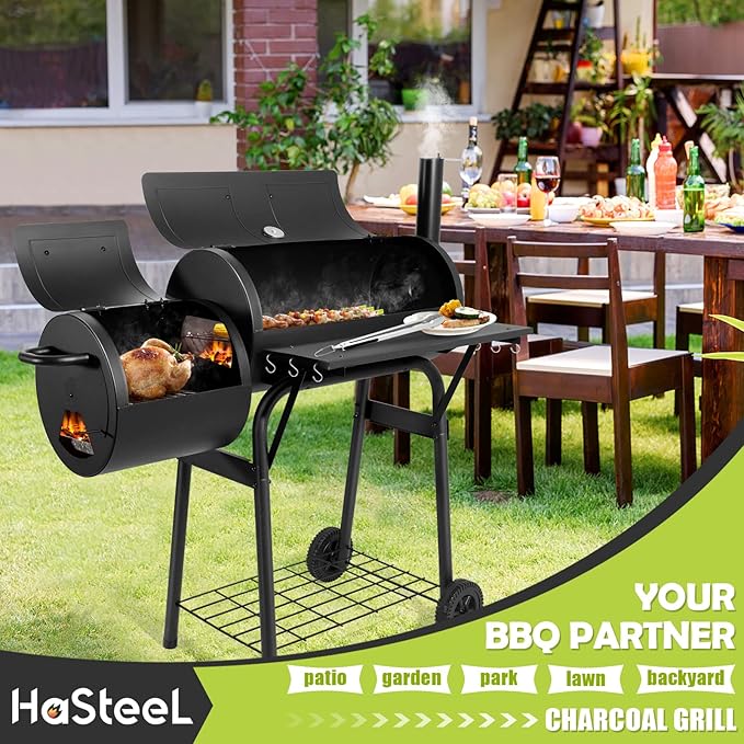 HaSteeL Outdoor Charcoal Grill with Cover, Large Barrel BBQ Grill with Offset Smoker, Great for Camping Patio Backyard Garden Party Picnic Beach, Large 420.SQ.IN Cooking Area, 2 Screwdrivers - Black