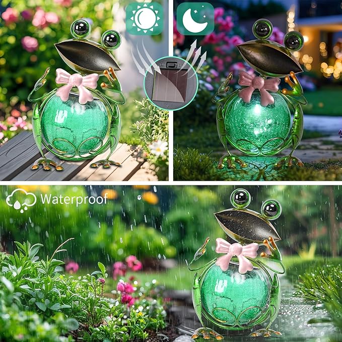 MUMTOP Frog Garden Decor, Frog Solar Lights Outdoor Decorative Waterproof with Crackle Glass Globe and Bowknot Yard Ornaments for Tabletop Garden Lawn Outside Porch Home Decorations