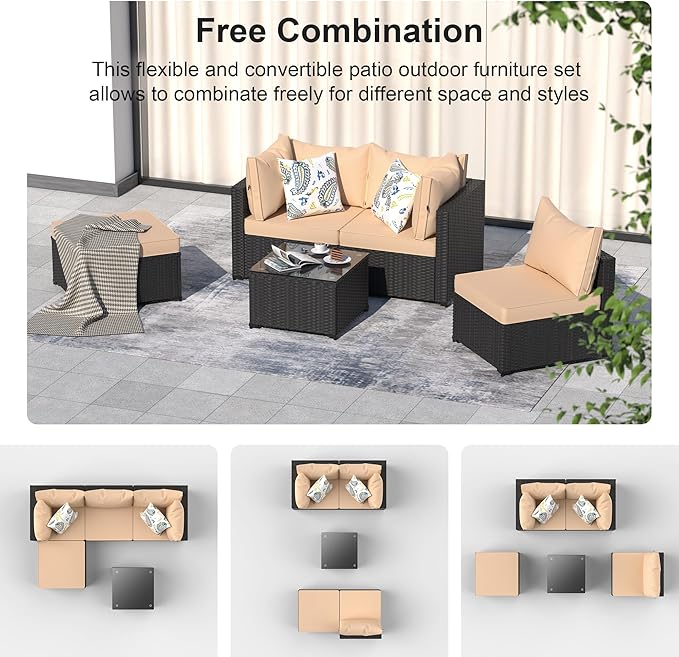 GOJOOASIS Patio Furniture Set Outdoor Sectional Sofa with Ottoman Wicker Couch Rattan Modular Seating Conversation Sets Porch Decor for Backyard, Balcony, Garden (Khaki)