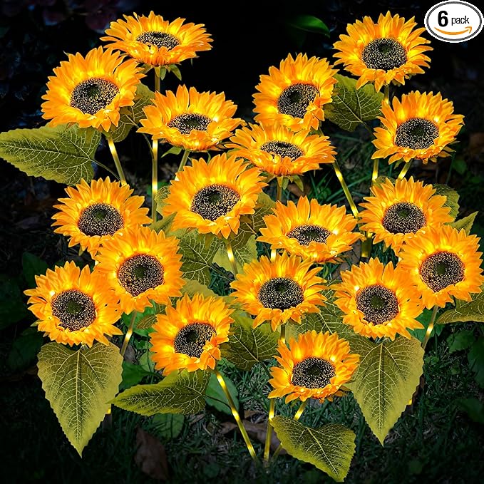 TANSOREN 6 Pack Solar Garden Lights Outdoor, 2 Lighting Modes Warm White LED Waterproof Solar Powered Sun Flowers Landscape Light for Outside Yard, Patio, Pathway Decorative, Décor, Gifts