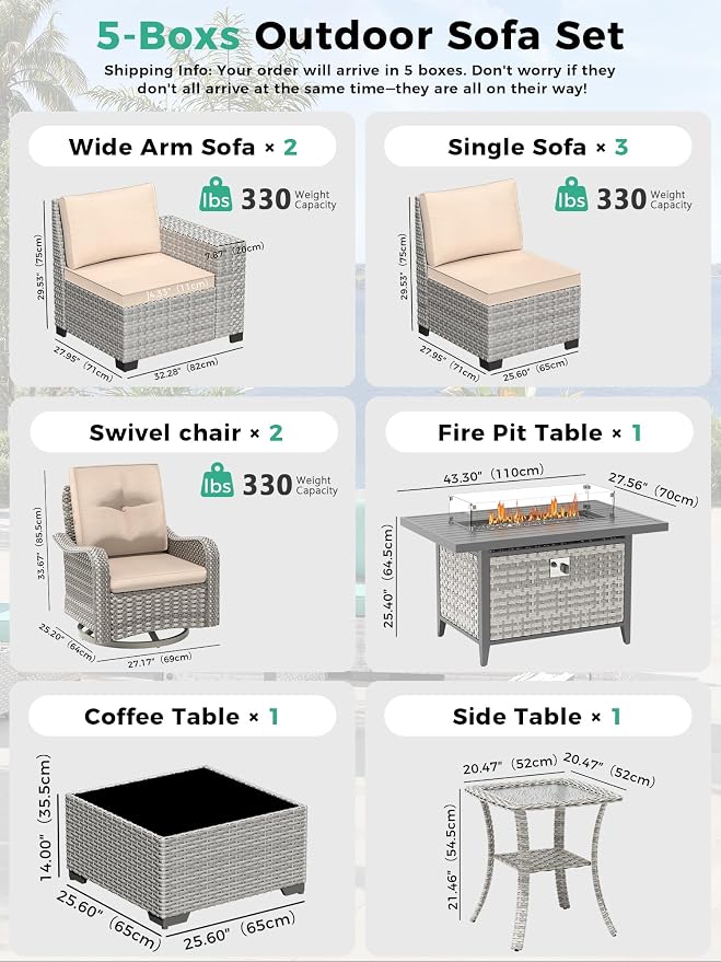 10 Piece Outdoor Wicker Patio Furniture Set with Swivel Chairs & Fire Pit Table, 7-Seats with 4" Thickened Cushions & Coffee Table, All-Weather PE Rattan for Garden, Backyard, Porch, Beige