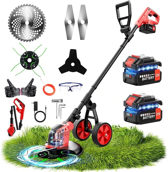 6000mAh Electric Weed Eater Battery Powered,12″ Brushless Electric Weed Wacker Cordless Wheeled String Trimmer,4 in 1 Grass Trimmer/Brush Cutter/Grass Edger/Weed Trimmer 5 Blade, 2 Battery (Red)