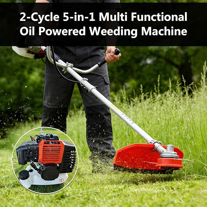 36cc 2-Cycle Gas Powered Brush Cutter, 5-in-1 Multifunctional Grass Trimmer Weed Wacker with 5 Cutting Heads for Lawn Garden Weeding Pruning Shrubs