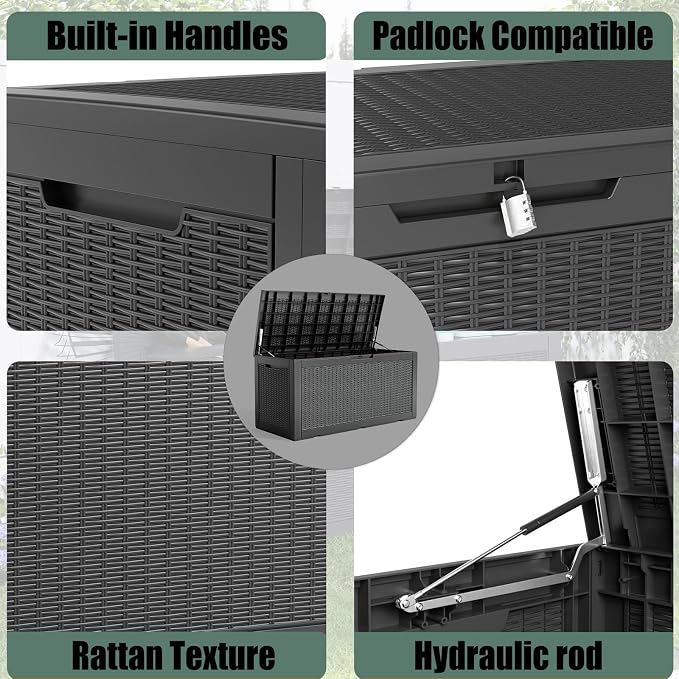 DRATO 100 Gallon Large Deck Box, Outdoor Storage Box for Patio Furniture, Patio Cushions, Gardening Tools, Pool Supplies, 660lbs Weight Capacity, Waterproof Resin Storage Boxes (Black, 100 Gallon)