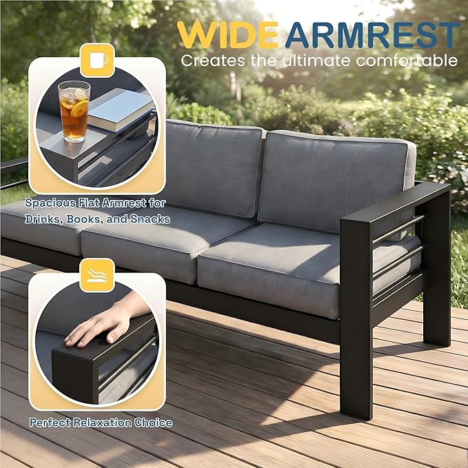 Solaste Aluminum Patio Furniture Set for All Weather, Oversized Metal Outdoor Furniture Set with 27.5" Deep Seating and Wide Armrest, Outdoor 3 Seat Sofa with 10" Back Suport Cushion，Black and Gray