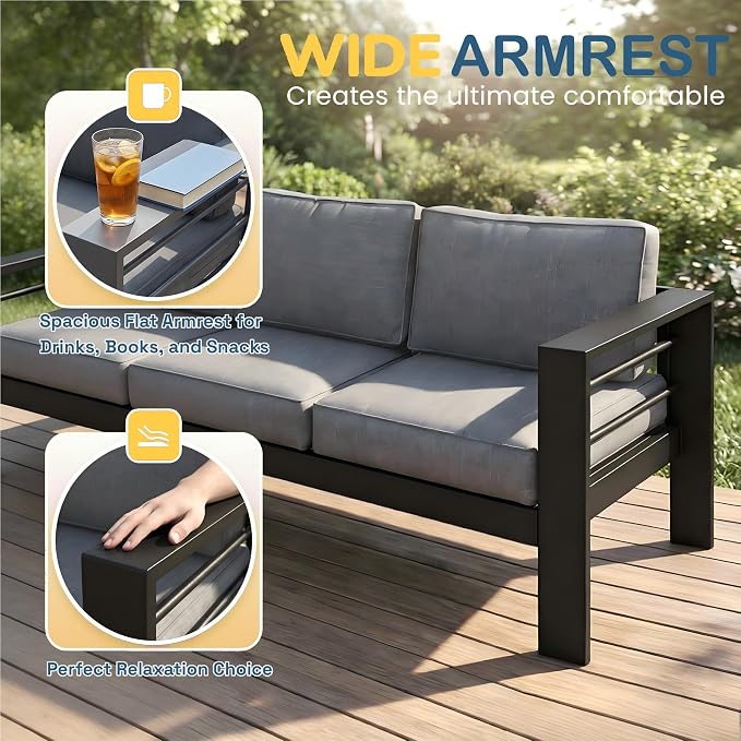 Solaste Aluminum Patio Furniture Set for All Weather, Oversized Metal Outdoor Furniture Set with 27.5" Deep Seating and Wide Armrest, Outdoor Loveseat Sofa with 10" Back Suport Cushion，Black and Gray