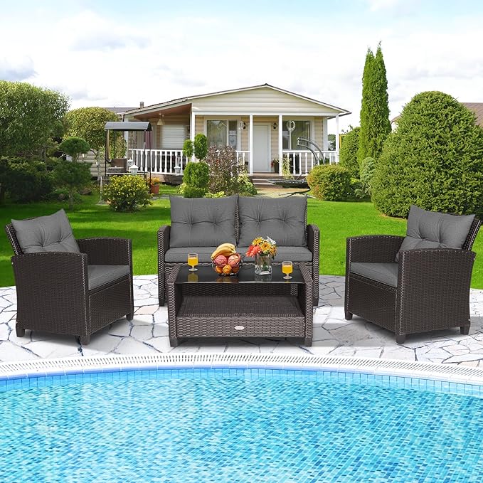 HAPPYGRILL 4-Piece Patio Conversation Set Rattan Wicker Chair Furniture Set with 1 Loveseat, 2 Single Sofas, 1 Coffee Table, Outdoor Furniture Set for Backyard Porch Garden Poolside Balcony (Grey)