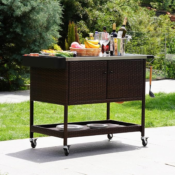 Grand patio Outdoor Bar Cart, Patio Storage Cabinet with Stainless Steel Top & Lockable Wheels, Kitchen Island Table Grill Cart for Outside Backyard Garden, Brown