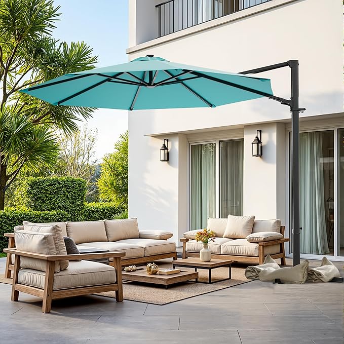 Greesum 10FT Outdoor Patio Umbrella with High Pedel and 4 Gear Heights, Large Offset Market Umbrella with 360-degree Rotation, Without Base, Hanging Outdoor Shade for Garden, Lawn, Pool, Light Blue