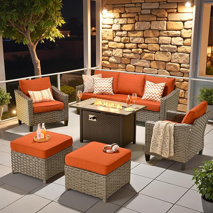 Wicker Patio Furniture Set,7 Pieces Modern Outdoor Conversation Set Sectional Sofa with Cushion and Ottomans for Garden, Poolside, Backyard