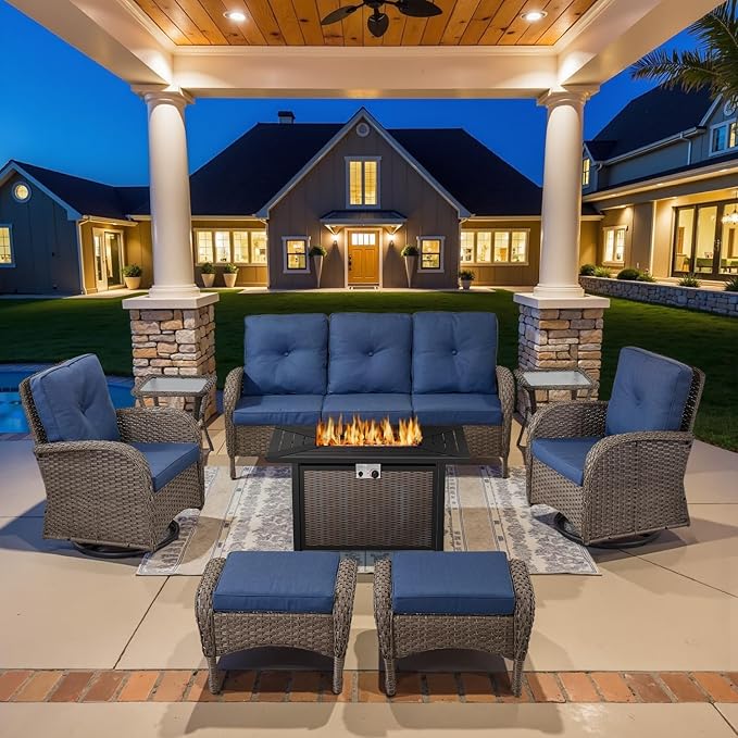 Belord 8 Piece Patio Furniture Set with 43" Fire Pit Table - Wicker Patio Conversation Set with Swivel Rocker Chairs and Sofa for Deck Outside Backyard Gray