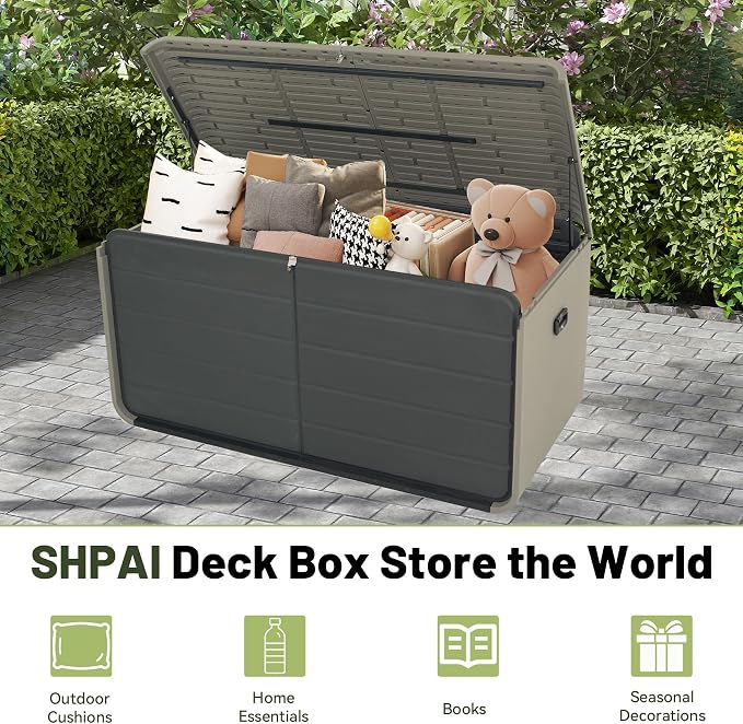 Resin Deck Box 160 Gallons, Large Heavy-Duty Outdoor Storage Box, Lockable & Waterproof Patio Outside Storage Box for Patio Furniture, Tools, Pool Supplies