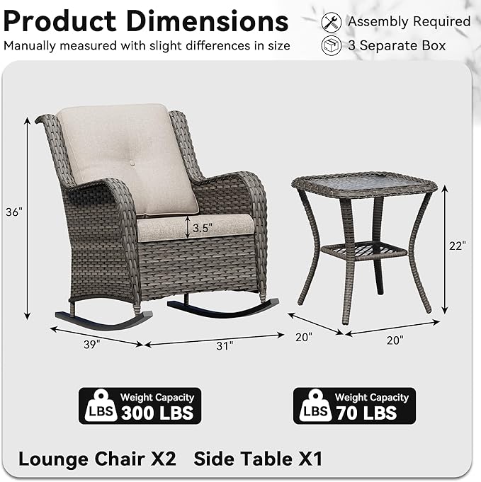 3 Piece Outdoor Wicker Patio Furniture Set, Outdoor Rocking Chair with Thickened Olefin Cushions, High Back and Deep Seating, Hand-Woven PE Rattan for Porch, Deck, Balcony, Beige
