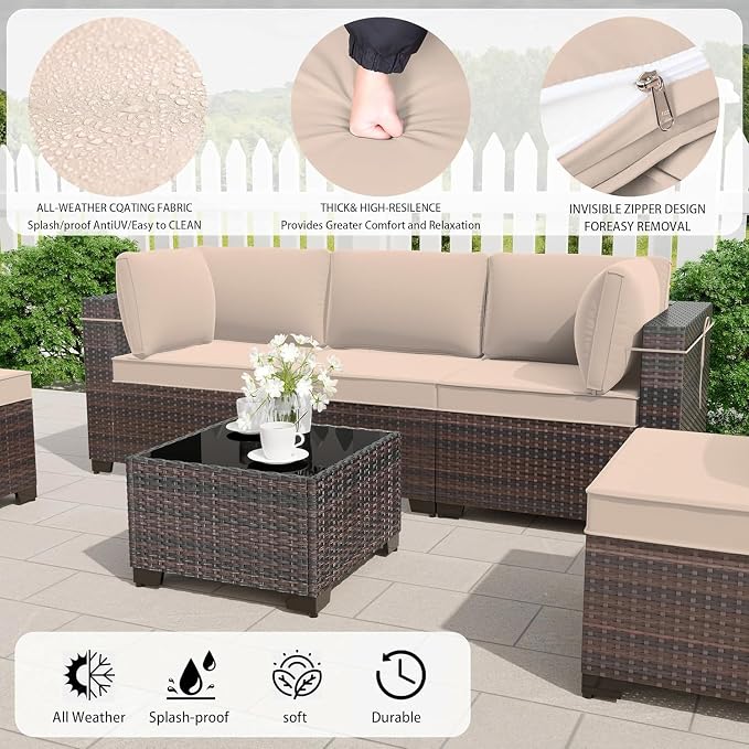 10 Pieces Outdoor Patio Furniture Set,Outdoor Sectional Furniture All Weather PE Rattan Wicker Patio Conversation Set with Coffee Table,Swivel Rocking Chairs Set,Sand